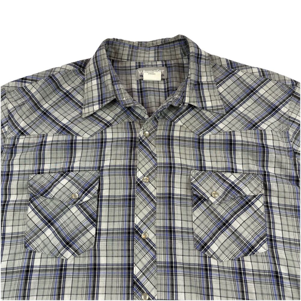 Vintage Wrangler Pearl Snap Shirt Mems XLT Gray Purple Plaid Short Sleeve